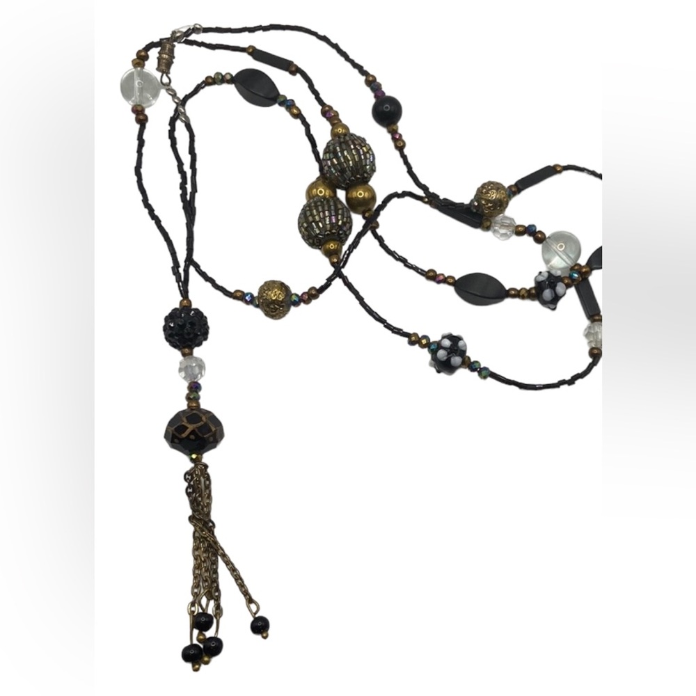 Vintage art glass necklace with gold black and rainbow irredescent beads
